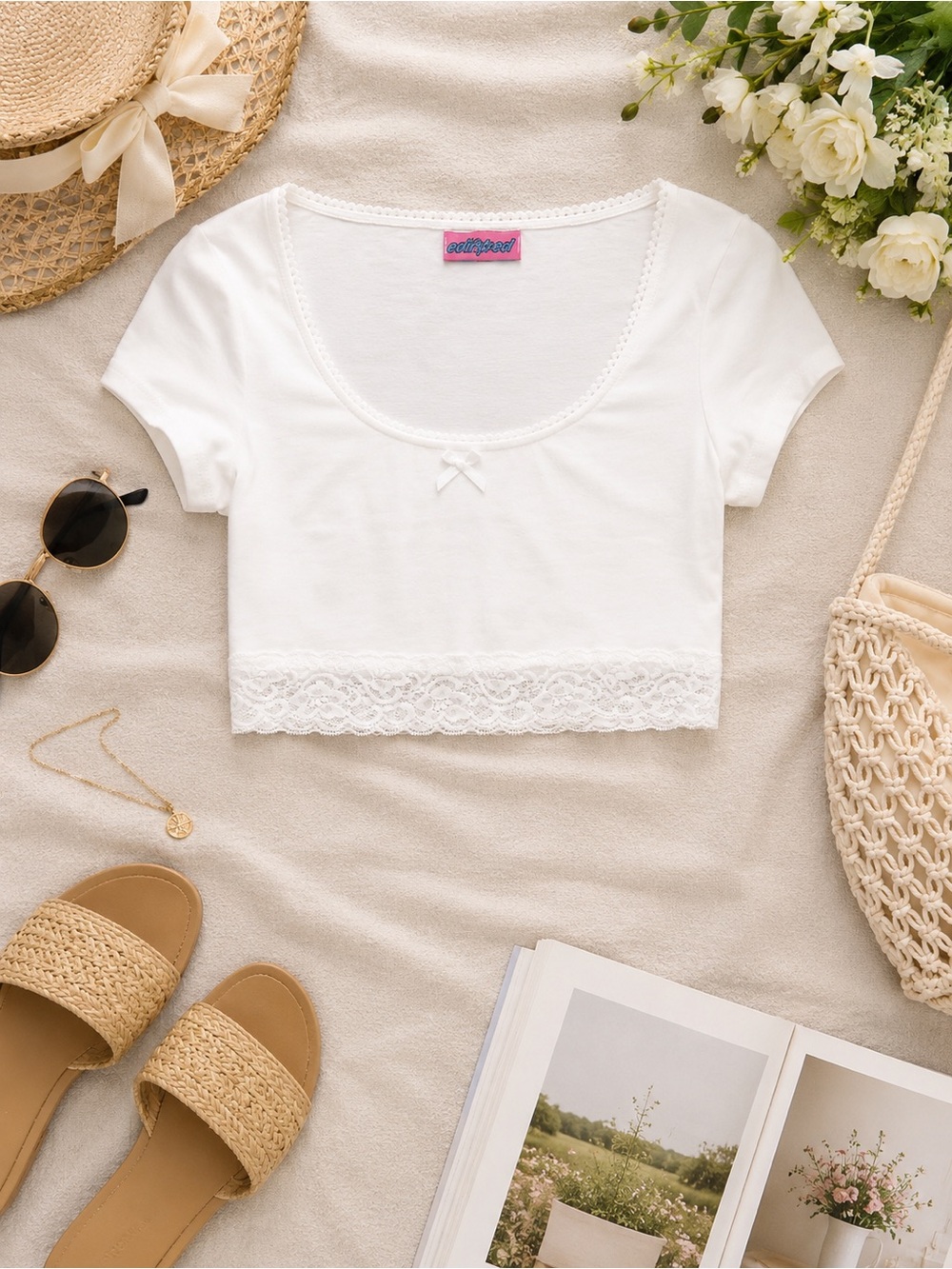 Edikted White Lace Trim Baby Tee Crop Top Size Small